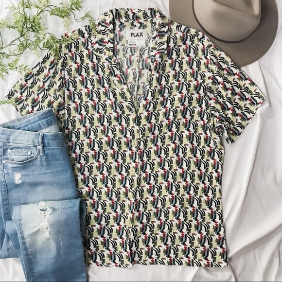 🎀 Flax Abstract Print Button Down Boxy Tee - Picture 2 of 4